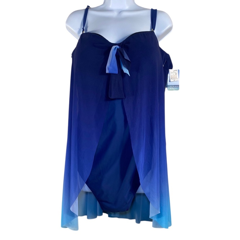 Island Waves Sheer Blue Ombré Fly-Away Front One Piece Swim 3X - Picture 2 of 5